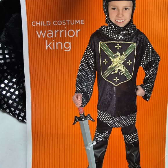 New Child Boy Costume Warrior King Knight Black Armor Silver Tunic Boot tops L - Picture 1 of 8